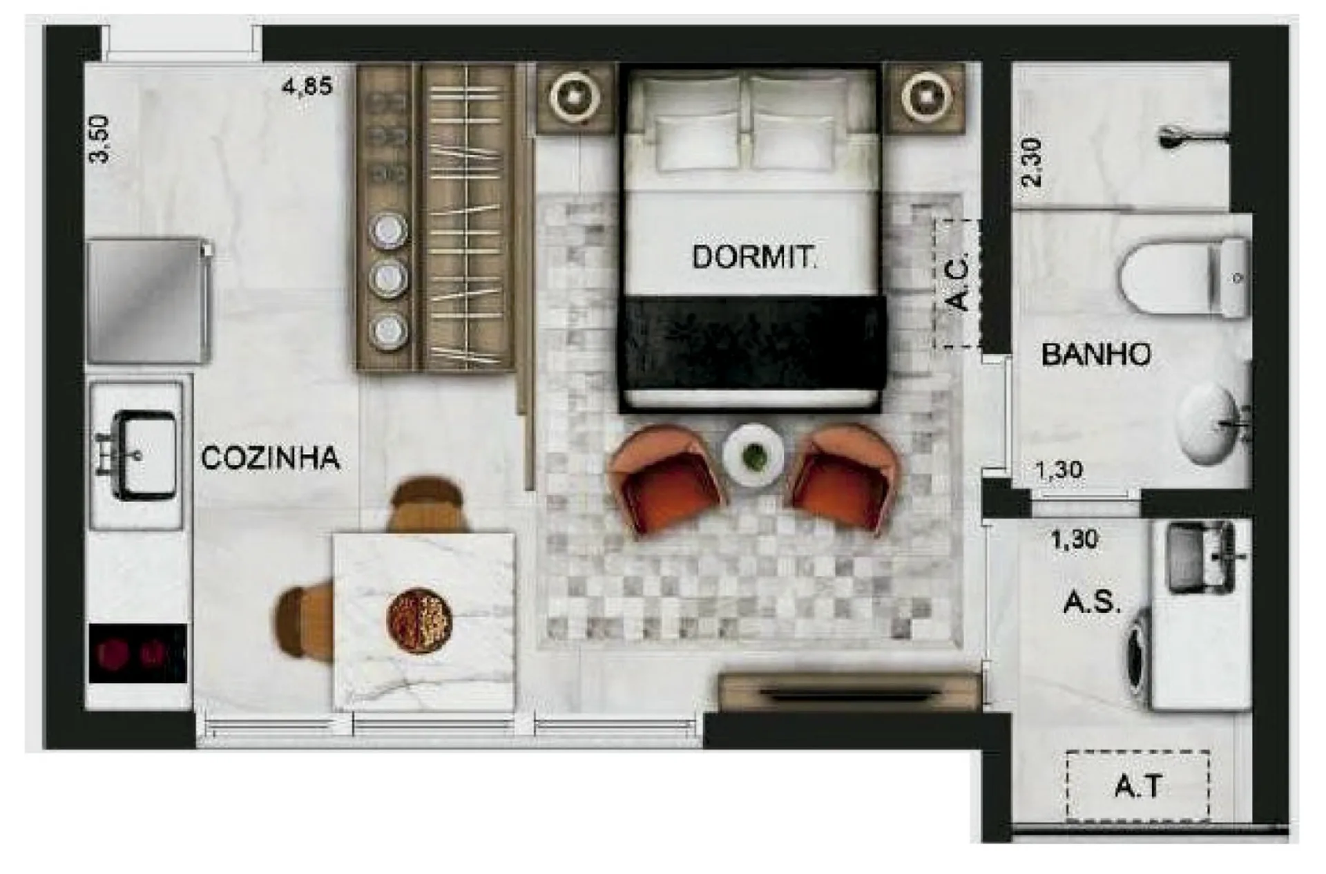 Planta do W Stay Lincoln em Perdizes — studio de 26 m²