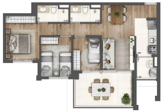 Planta do Wonder Ipiranga em Ipiranga — 3 dormitórios, 75 m²