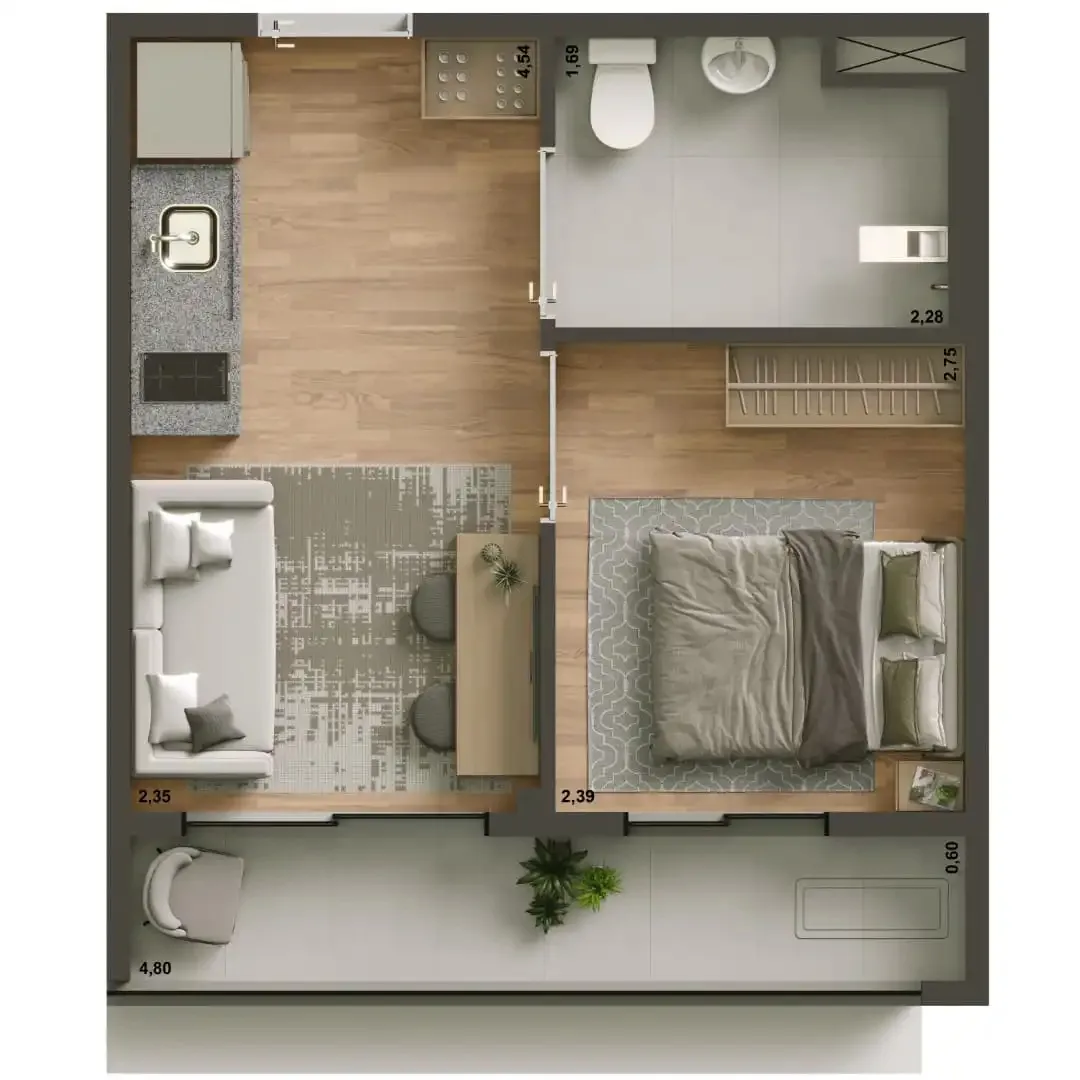 Planta do Yep Estação Pinheiros em Pinheiros — 1 dormitório, 28,75 m²