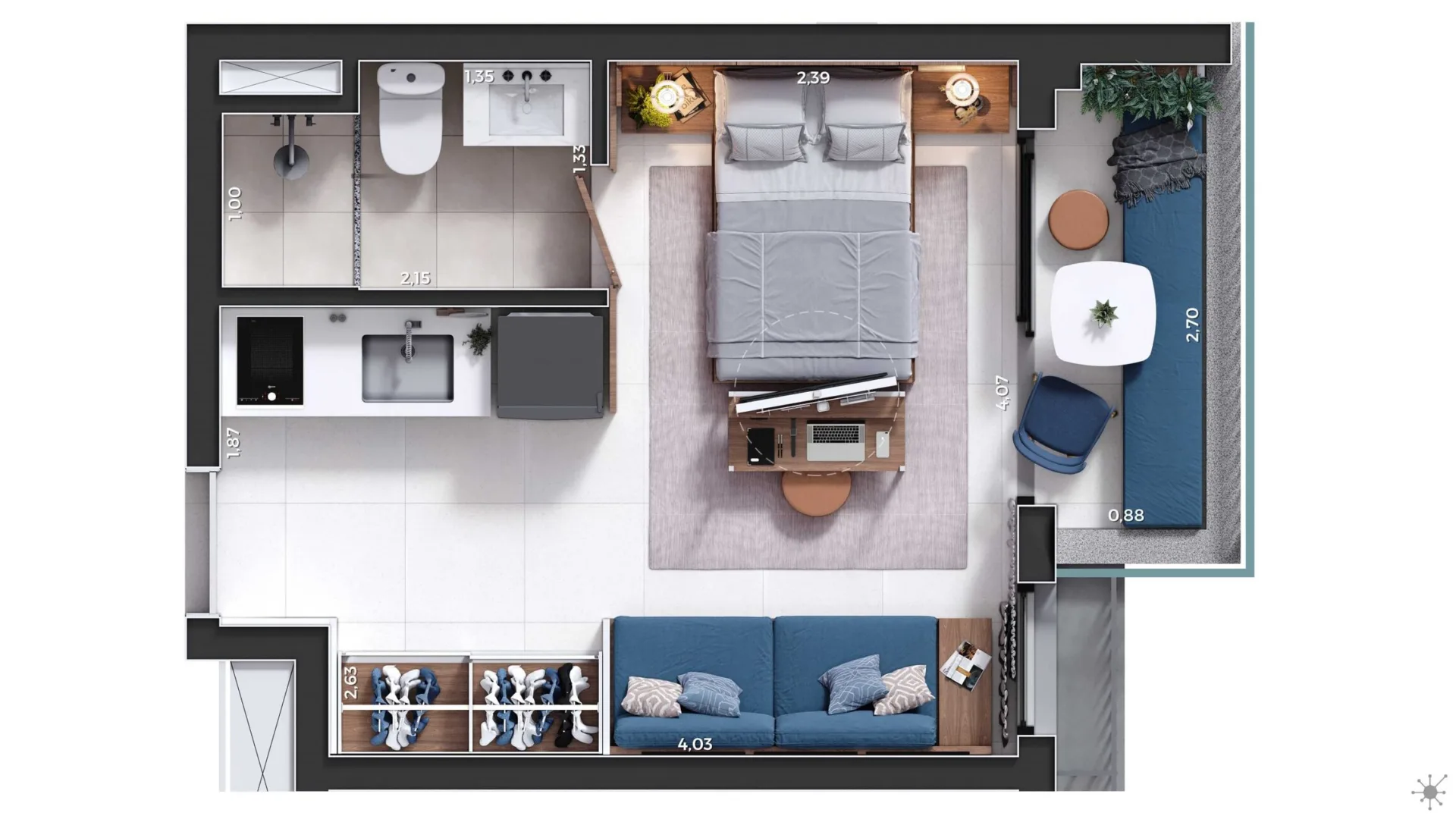 Planta do Your Code Liberdade em Liberdade — 1 dormitório – 25,59 m² Studio