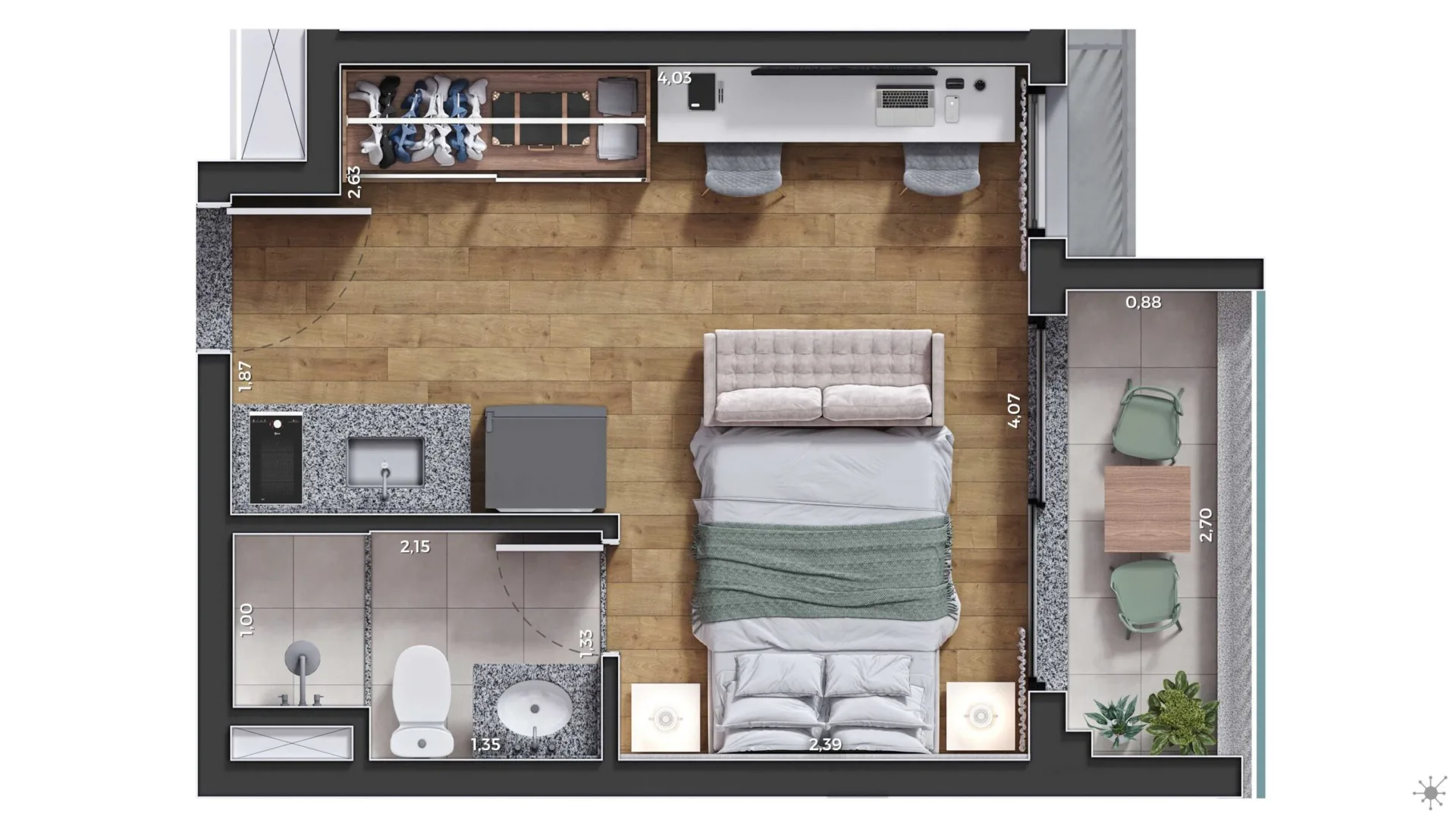 Planta do Your Code Liberdade em Liberdade — 1 dormitório – 24,93 m² Studio
