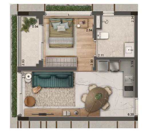 Planta do 177 Jerônimo em Itaim Bibi — 1 dormitório – 45 m²