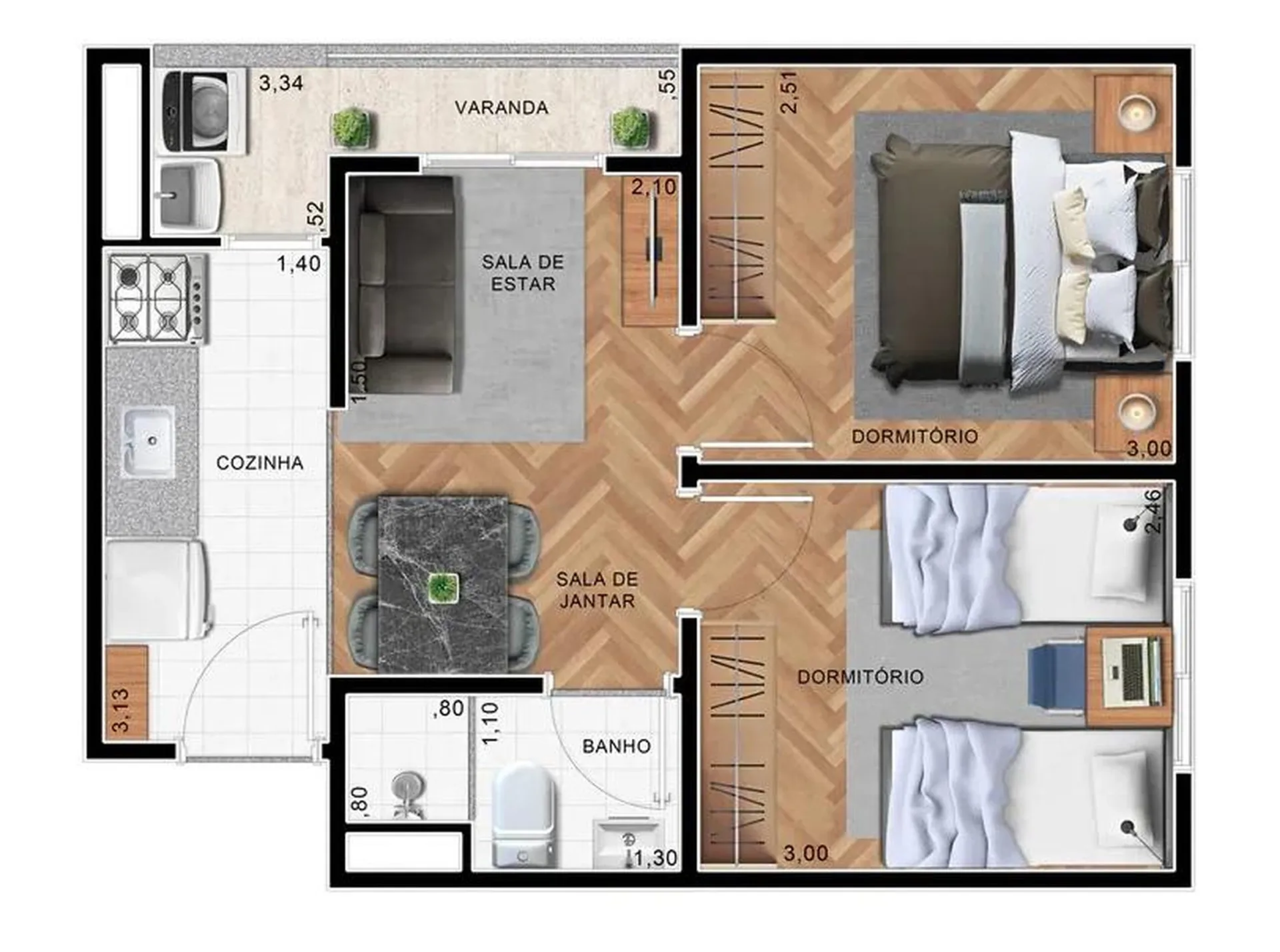 Planta do Abiatar Conecta — 2 dormitórios – 35 m²