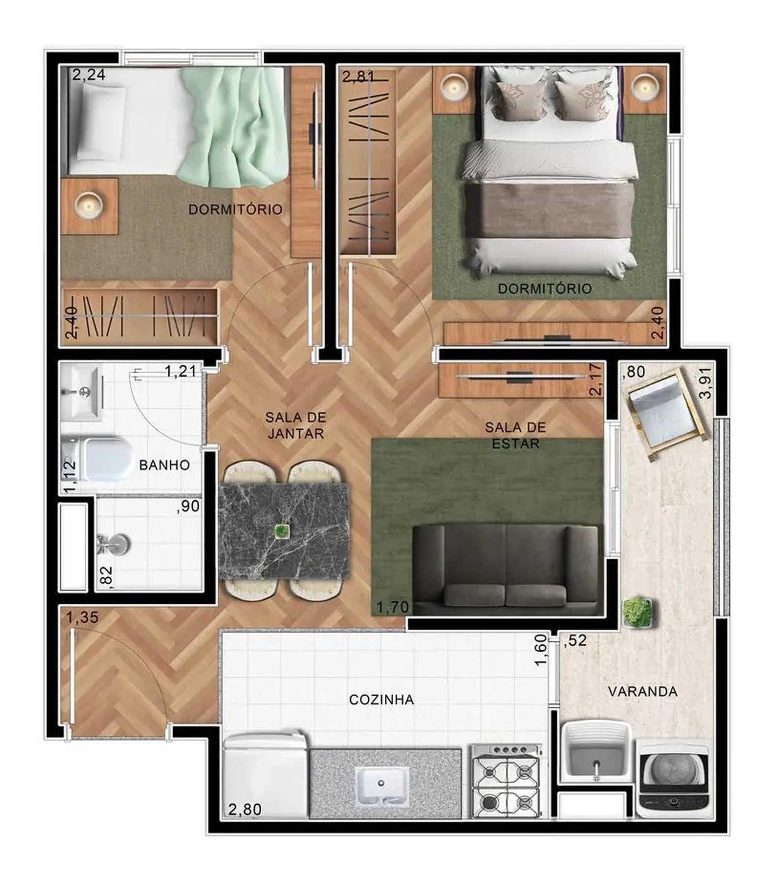 Planta do Abiatar Conecta — 2 dormitórios – 36 m²