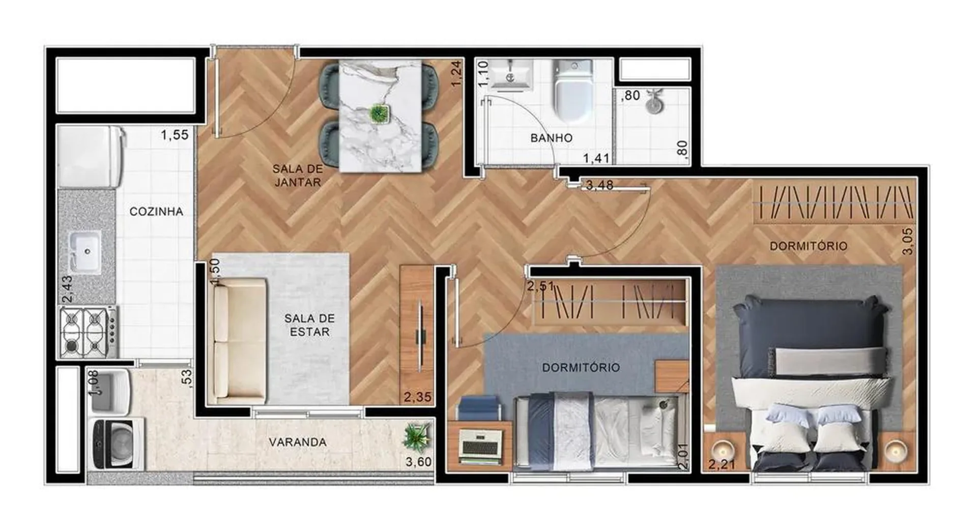 Planta do Abiatar Conecta — 2 dormitórios – 37 m²