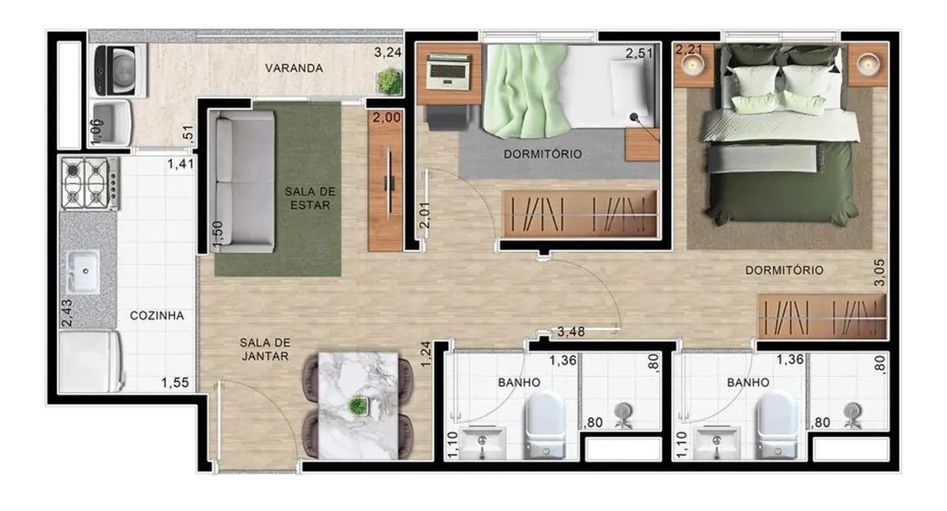 Planta do Abiatar Conecta — 2 dormitórios – 38 m²
