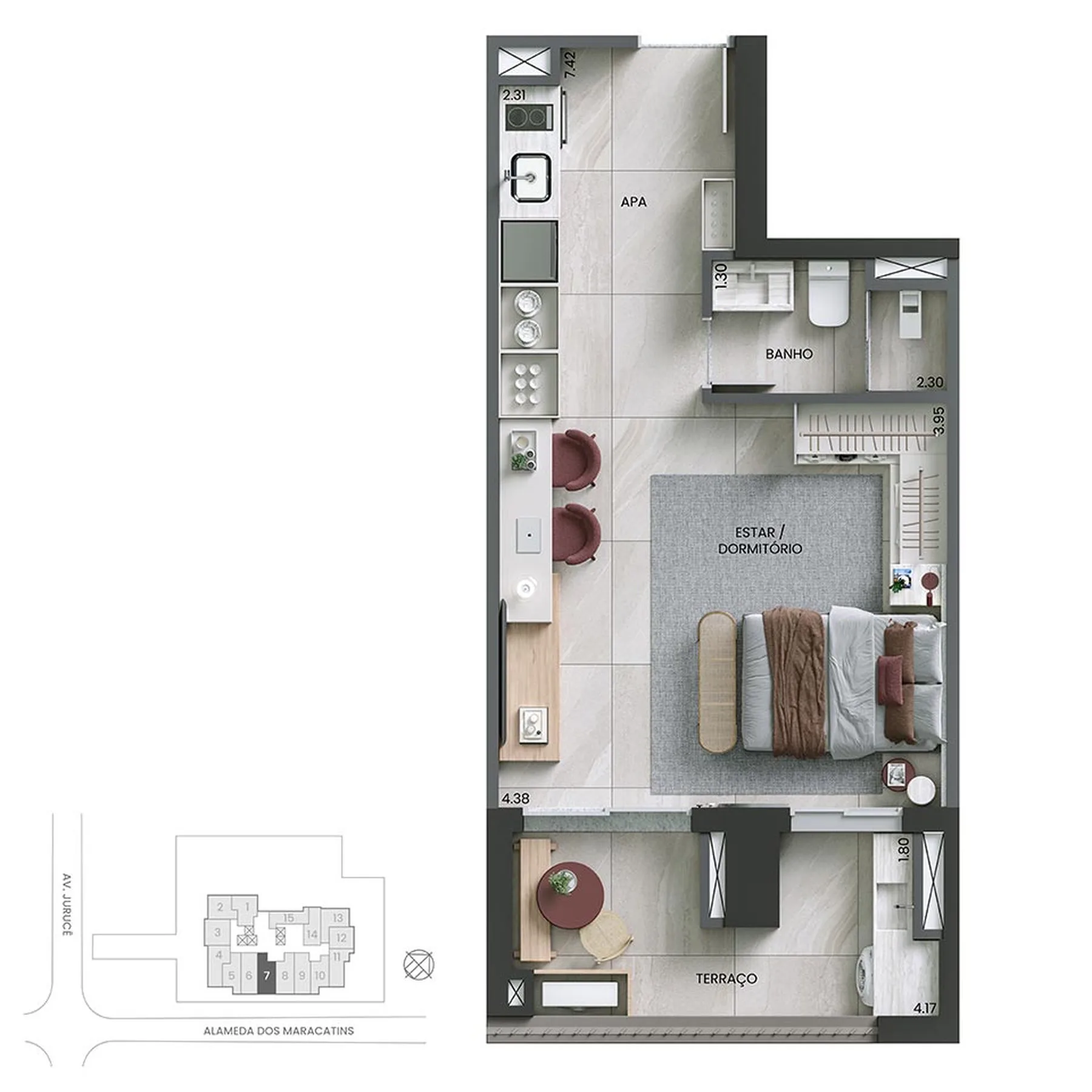 Planta do Alameda Mará em Indianópolis — 1 dormitório – 30 m² Studio