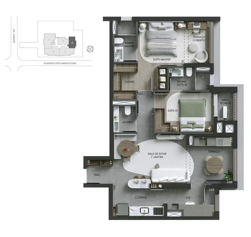 Planta de 87 m² com 2 dormitórios e 2 suítes do Alameda Mará Residencial