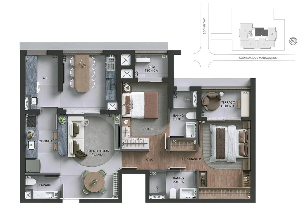 Planta de 89 m² com 2 dormitórios do Alameda Mará Residencial