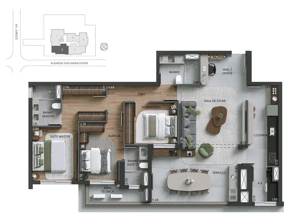 Planta de 130 m² com 3 dormitórios e 3 suítes do Alameda Mará Residencial