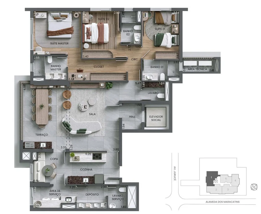 Planta de 153 m² com 3 dormitórios e 3 suítes do Alameda Mará Residencial
