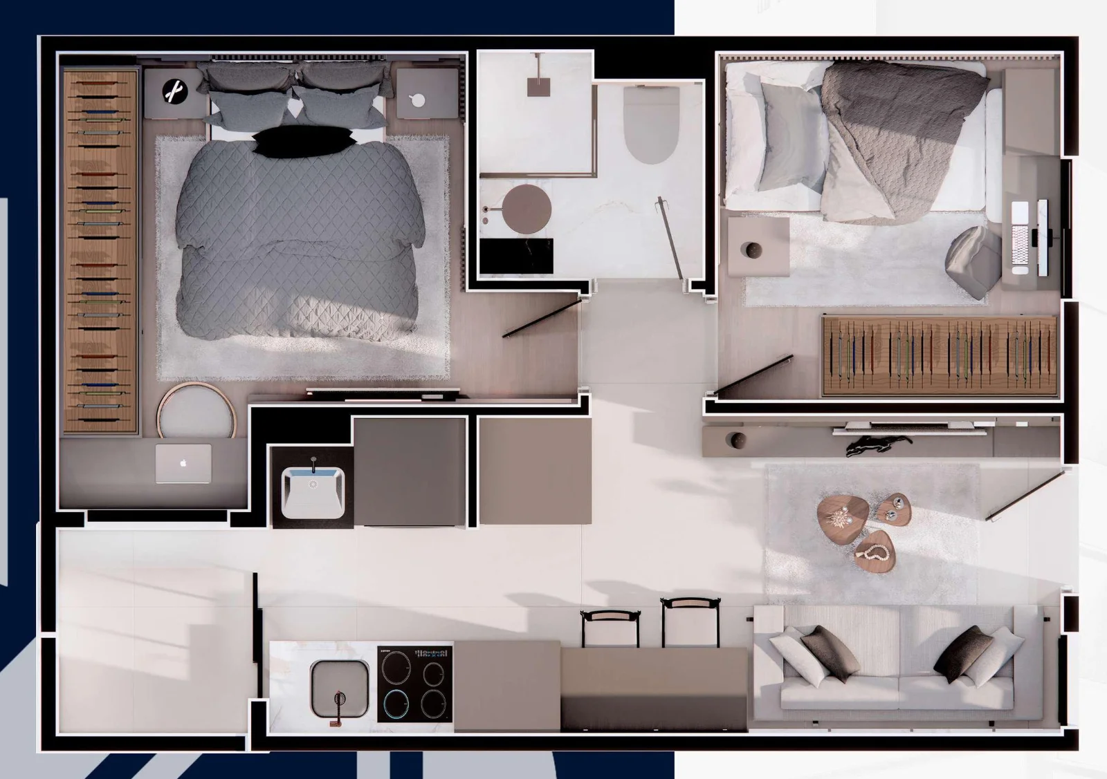 Planta do apartamento de 34,97 m² com 2 dormitórios do Evolution Tatuapé