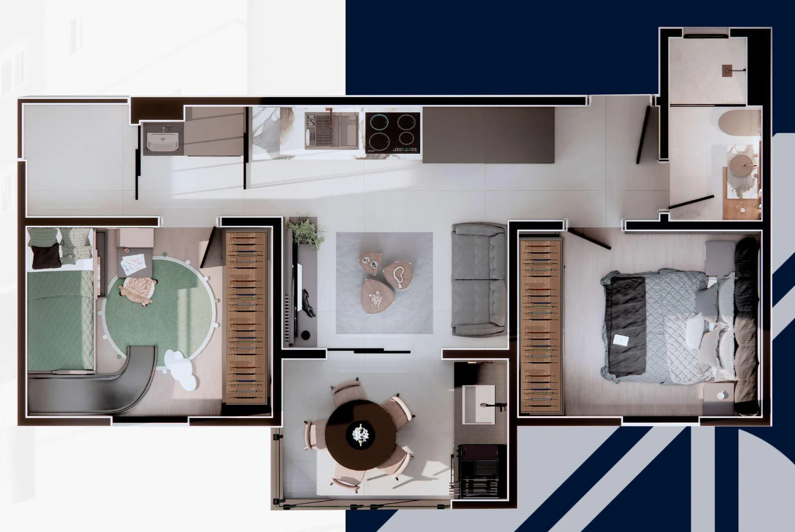 Planta do apartamento de 44,30 m² com 2 dormitórios do Evolution Tatuapé
