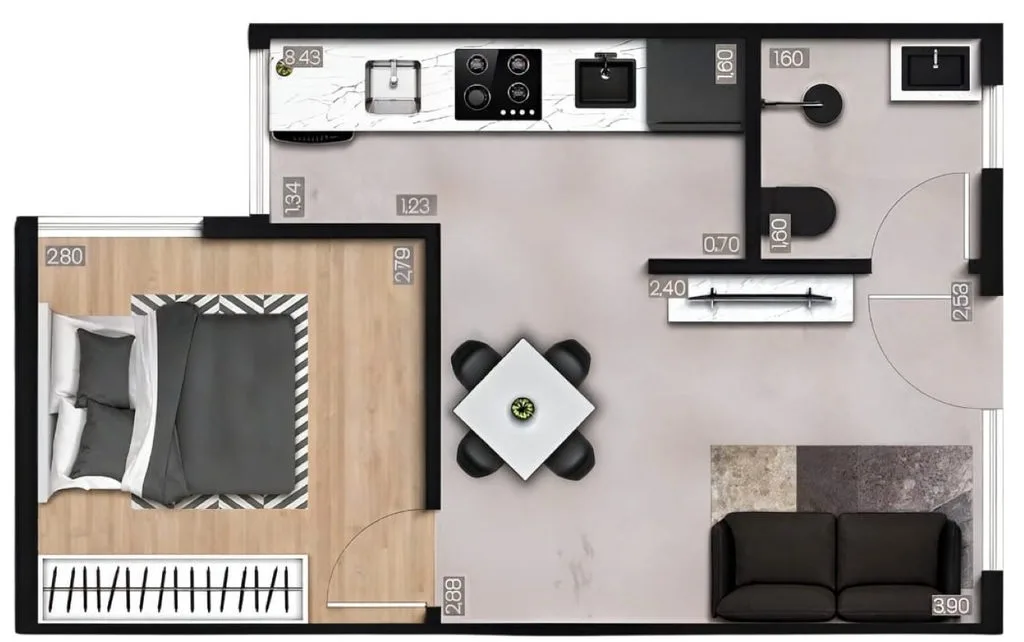 Planta de 1 dormitório de 30,96 m² do Exclusive Guilhermina