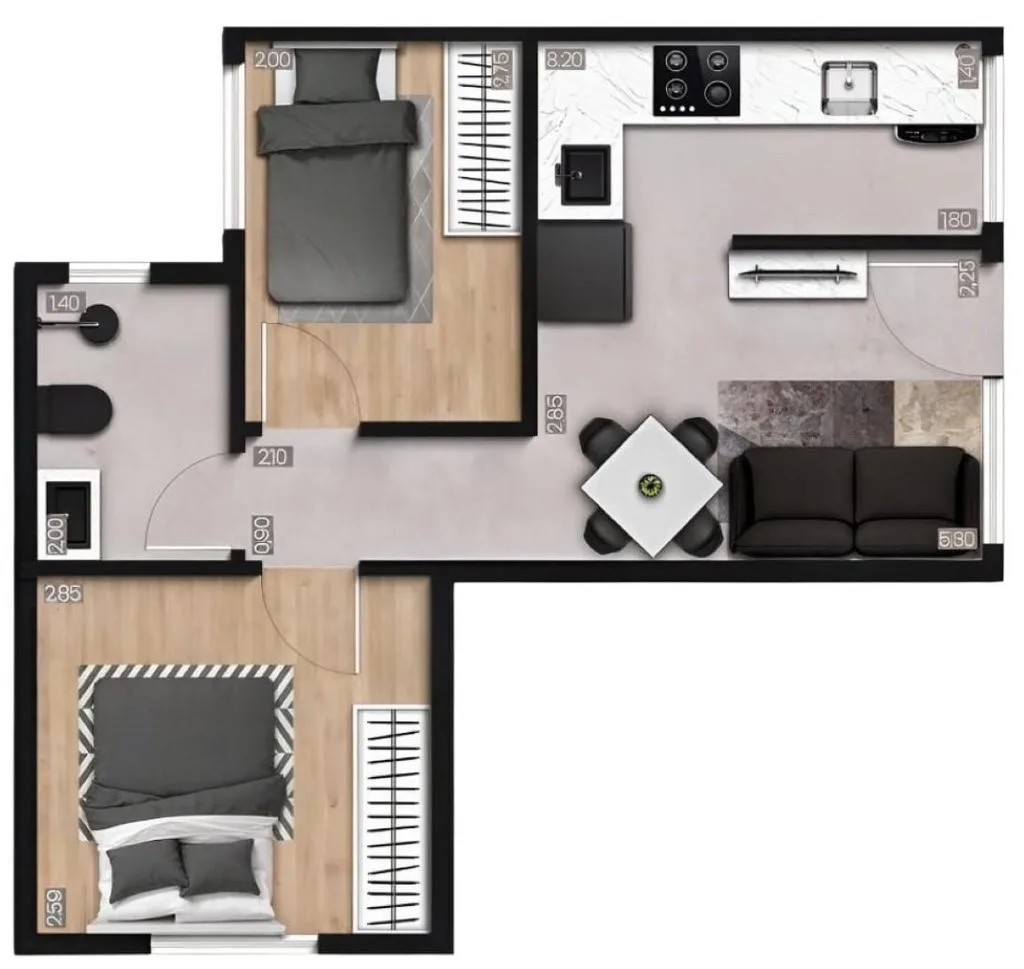 Planta de 2 dormitórios de 36,21 m² do Exclusive Guilhermina