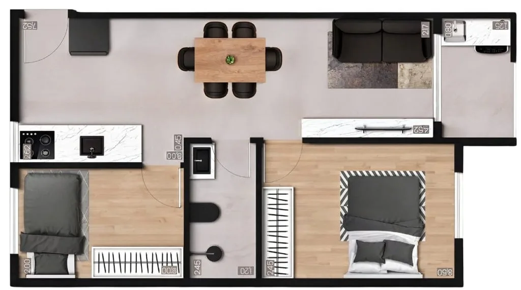 Planta de 2 dormitórios de 41 m² do Exclusive Guilhermina