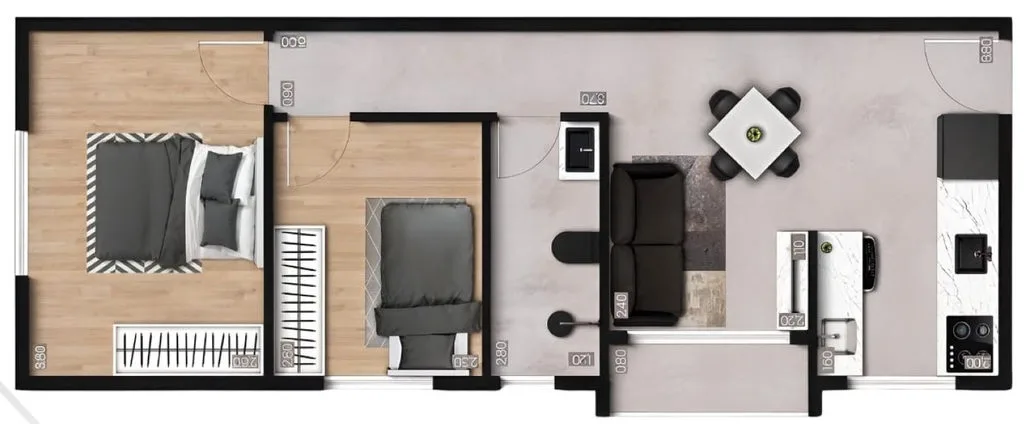 Planta de 2 dormitórios de 73,16 m² do Exclusive Guilhermina