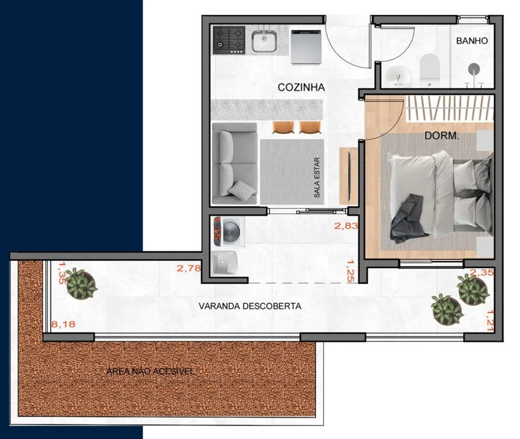 Planta de 1 dormitório de 26,56 m² do Exclusive Vila Ré