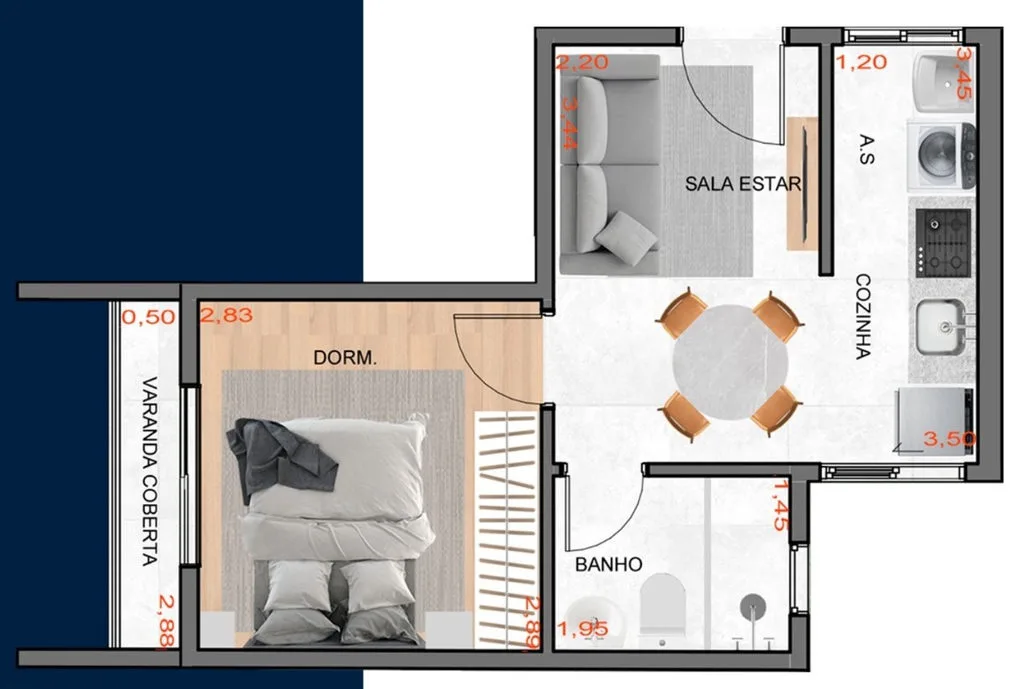 Planta de 1 dormitório de 28,40 m² do Exclusive Vila Ré