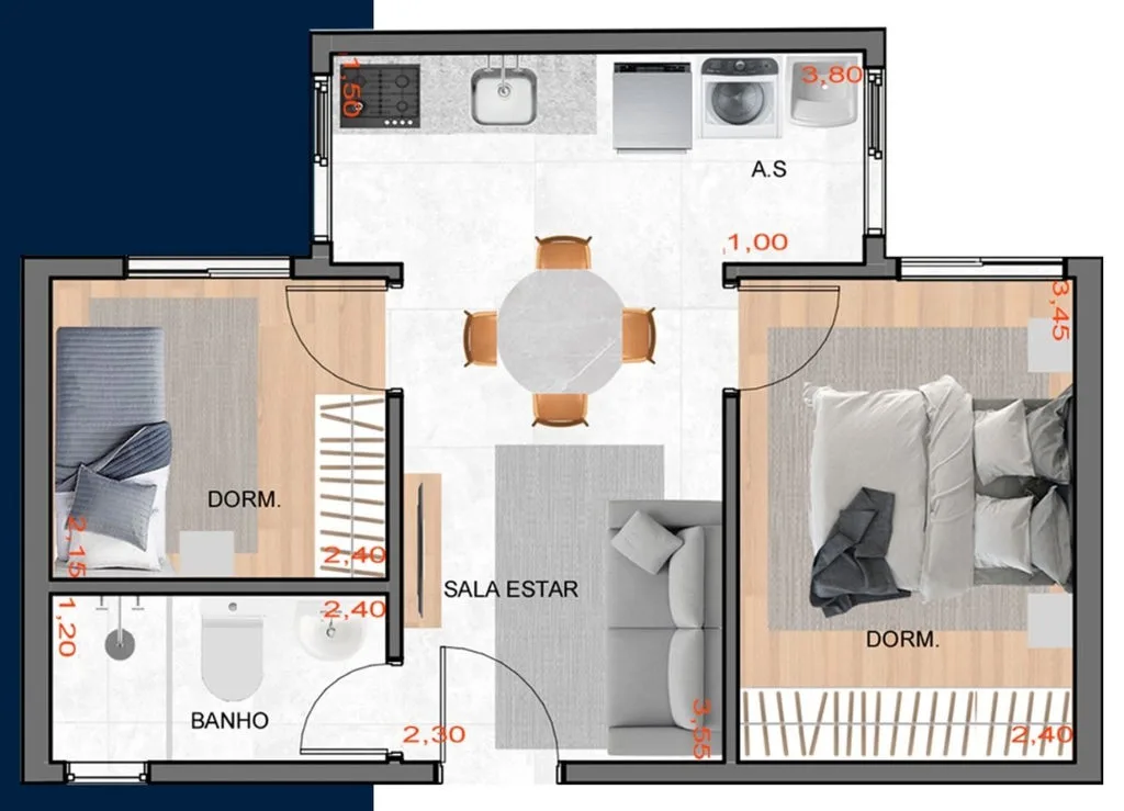 Planta de 2 dormitórios de 34,20 m² do Exclusive Vila Ré