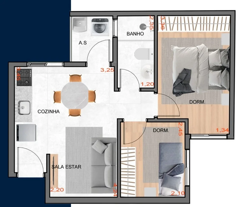 Planta de 2 dormitórios de 37,57 m² do Exclusive Vila Ré