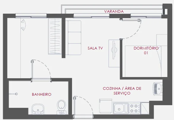 Planta do Flamboyant 294 — 1 dormitório – 34,2 m²