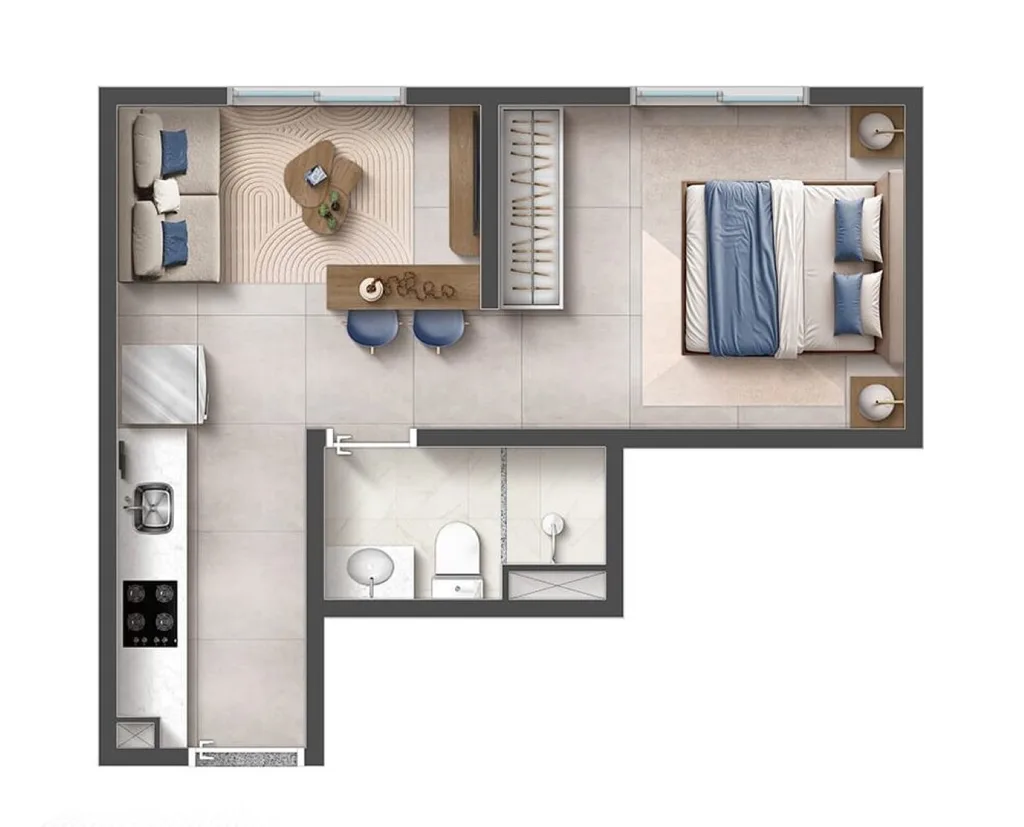 Planta de 1 dormitório e 25 m² do Flow Residencial