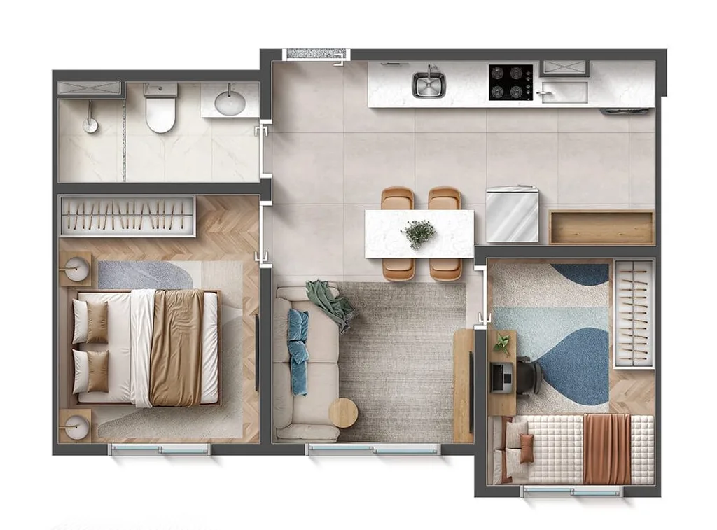 Planta de 2 dormitórios e 35 m² do Flow Residencial