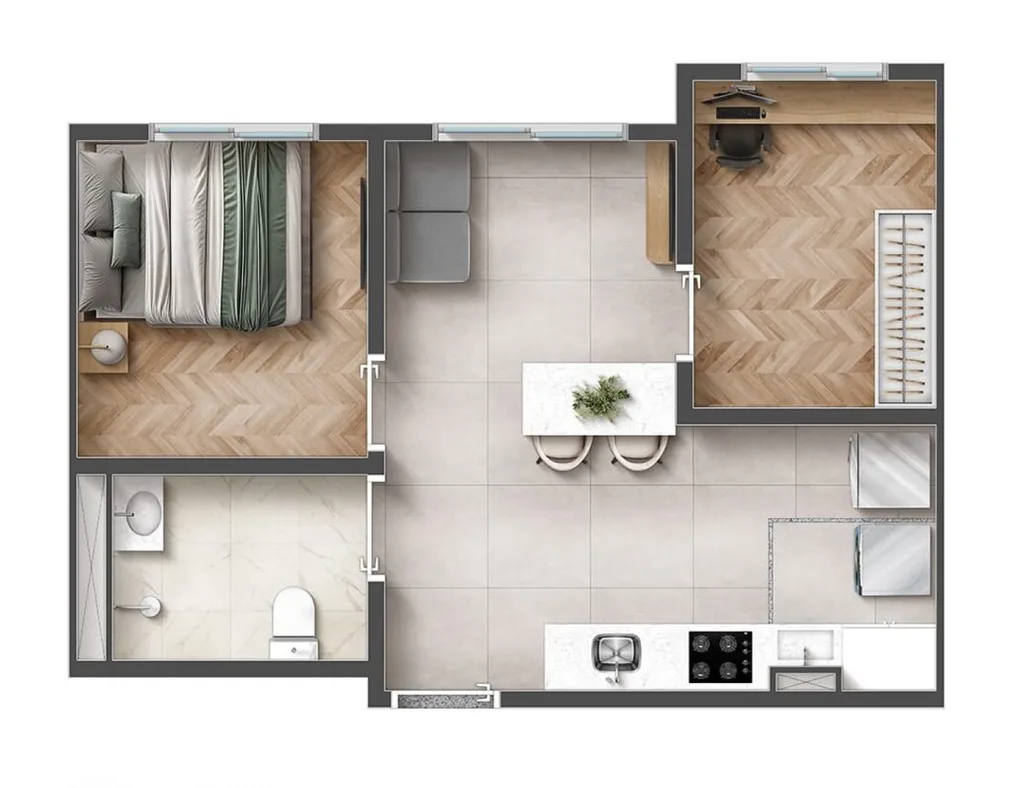 Planta de 1 dormitório e 35 m² do Flow Residencial