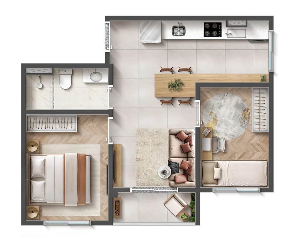 Planta de 2 dormitórios e 39 m² do Flow Residencial