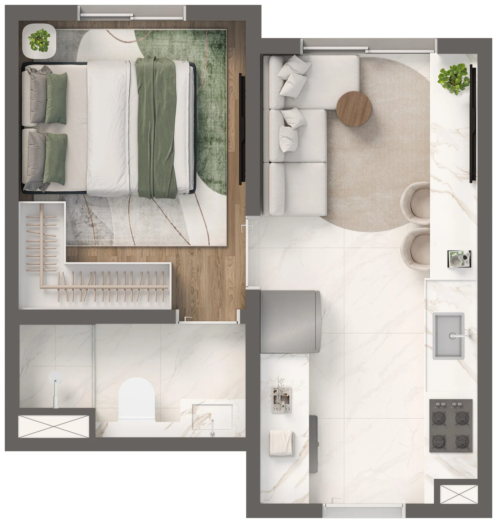 Planta do Grand Vivaz Jardim França Lyon — 1 dormitório – 24,35 m²