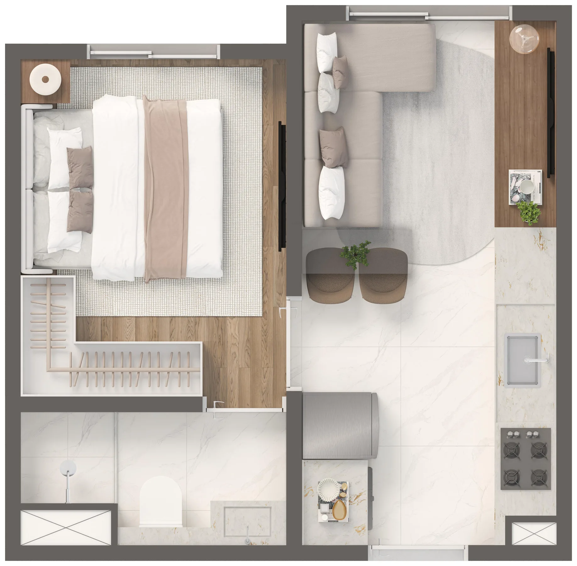 Planta do Grand Vivaz Jardim França Lyon — 1 dormitório – 24,89 m²