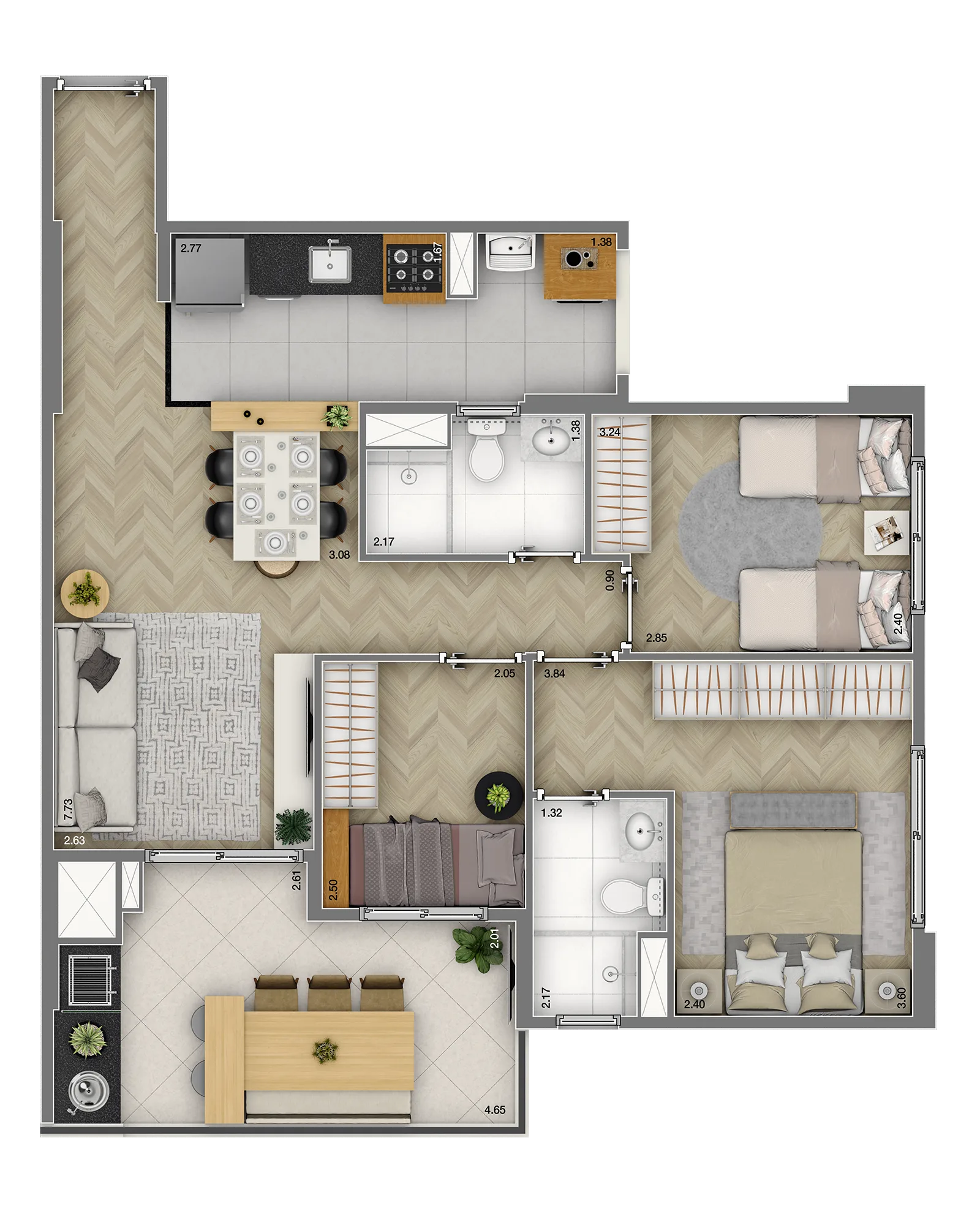 Planta do Jacarandá Morumbi em Vila Andrade — 3 dormitórios – 74 m²
