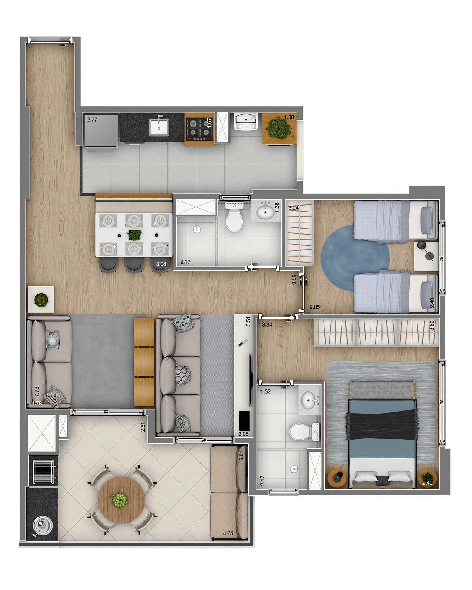Planta do Jacarandá Morumbi em Vila Andrade — 2 dormitórios – 74 m²