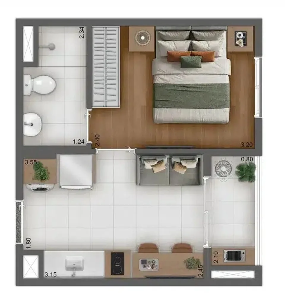 Planta do apartamento de 1 dormitorio de 24 m2 do Kazzas Vila Carrao