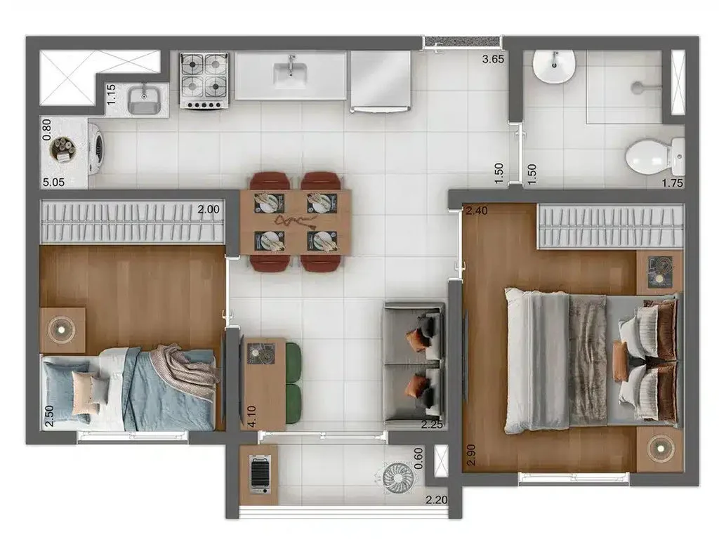 Planta do apartamento de 2 dormitorios de 33 m2 do Kazzas Vila Carrao