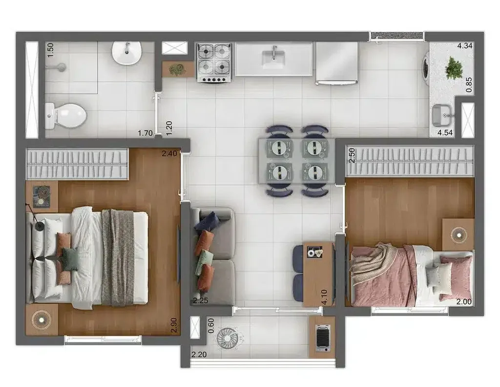 Planta do apartamento de 2 dormitorios de 34 m2 do Kazzas Vila Carrao