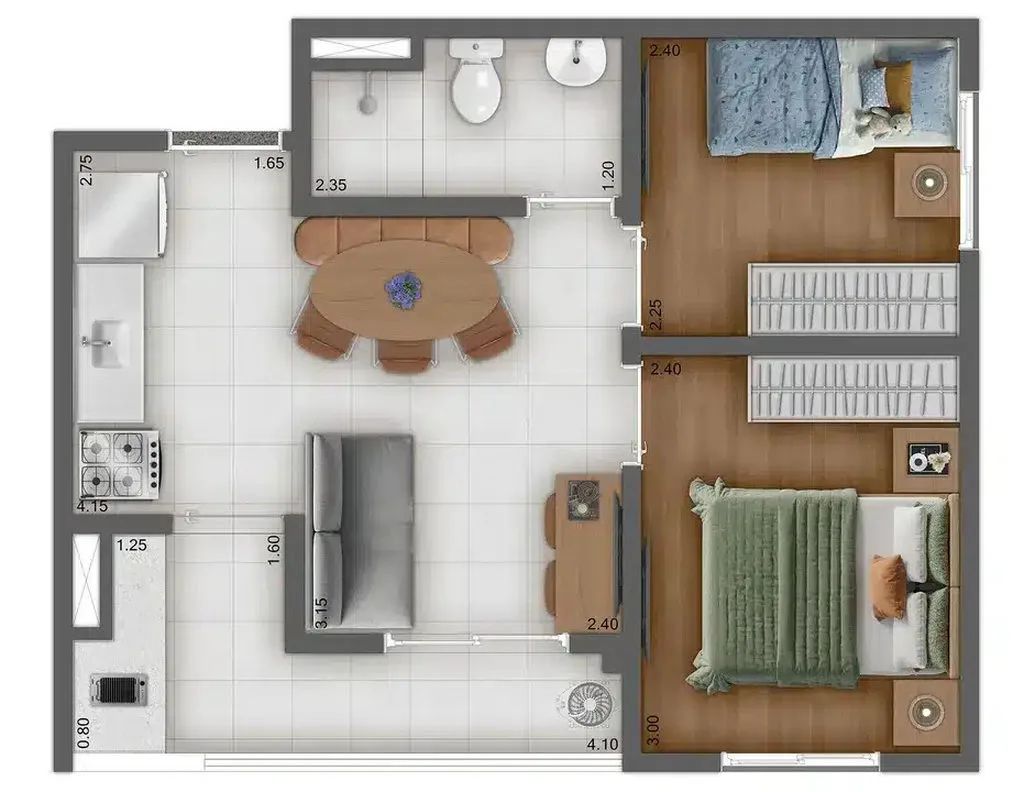 Planta do apartamento de 2 dormitorios de 37 m2 do Kazzas Vila Carrao