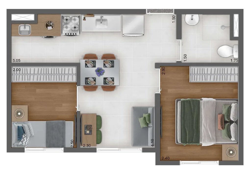 Planta do apartamento de 2 dormitorios de 32,26 m2 do Kazzas Vila das Merces