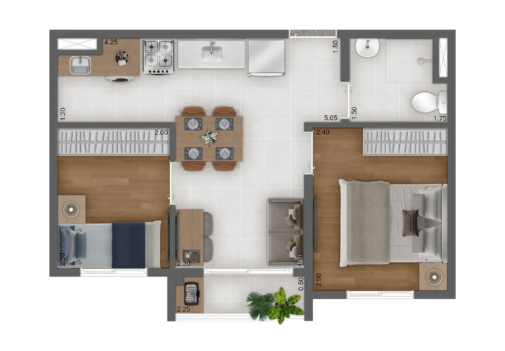 Planta do apartamento de 2 dormitorios de 34,28 m2 do Kazzas Vila das Merces