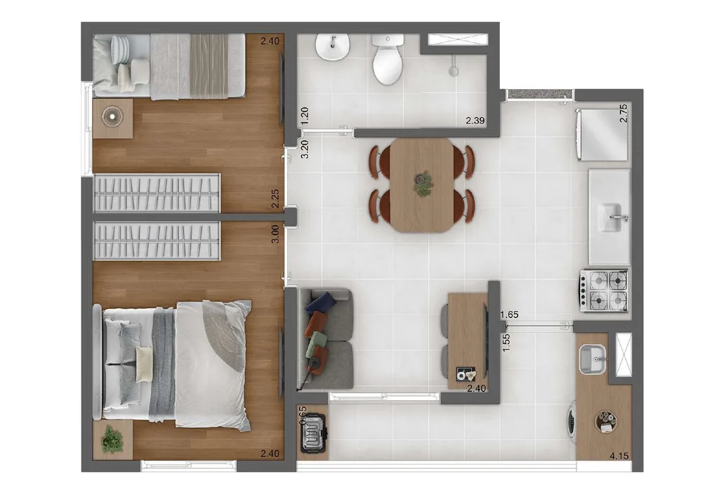 Planta do apartamento de 2 dormitorios de 37,26 m2 do Kazzas Vila das Merces