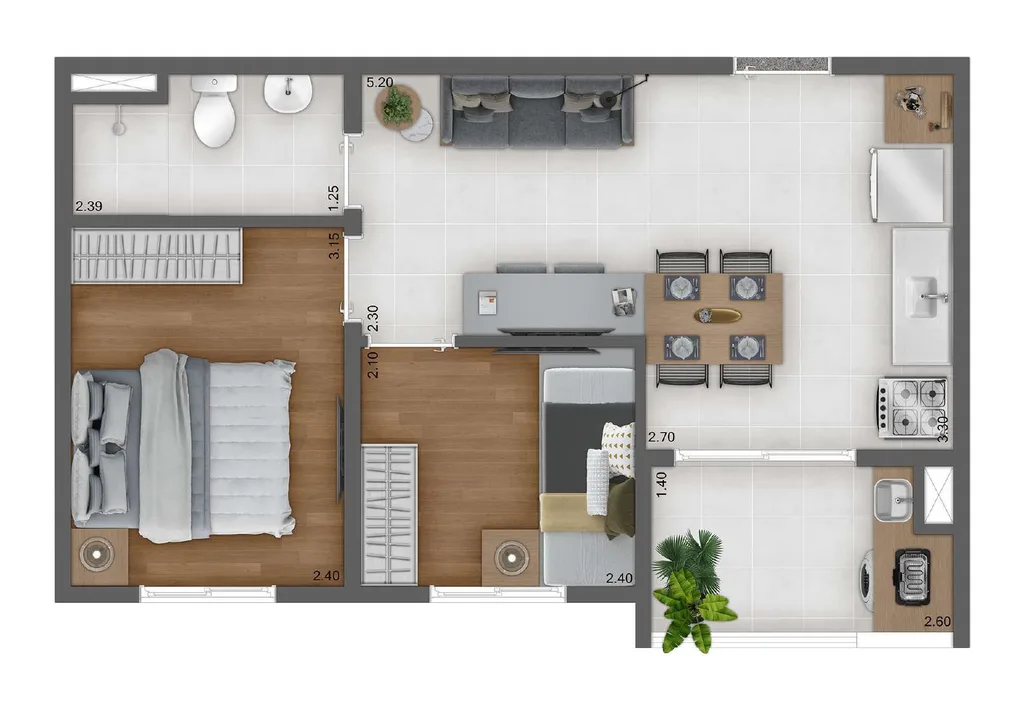 Planta do apartamento de 2 dormitorios de 38,76 m2 do Kazzas Vila das Merces