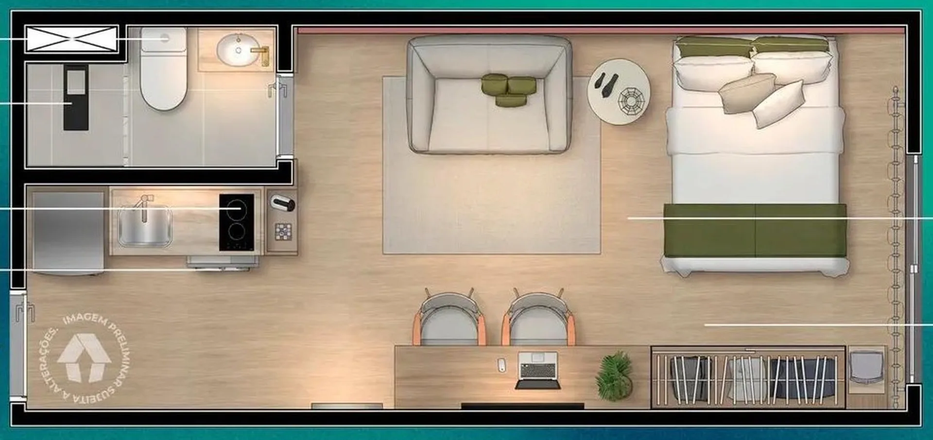 Planta do Metrocasa Clube Guarapiranga – Fase 1 em Socorro — 1 dormitório – 25 m² Studio
