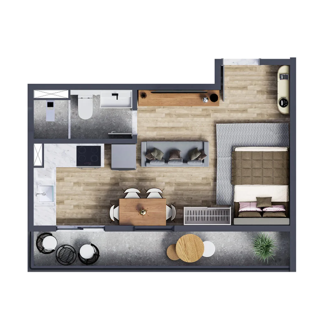 Planta studio de 24,33 m² do Moremais João Dias
