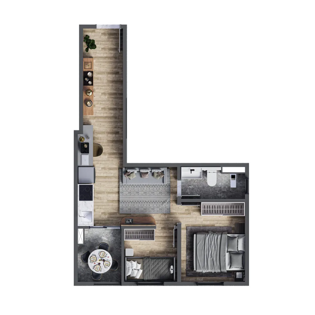 Planta de 36,63 m² com 2 dormitórios do Moremais João Dias