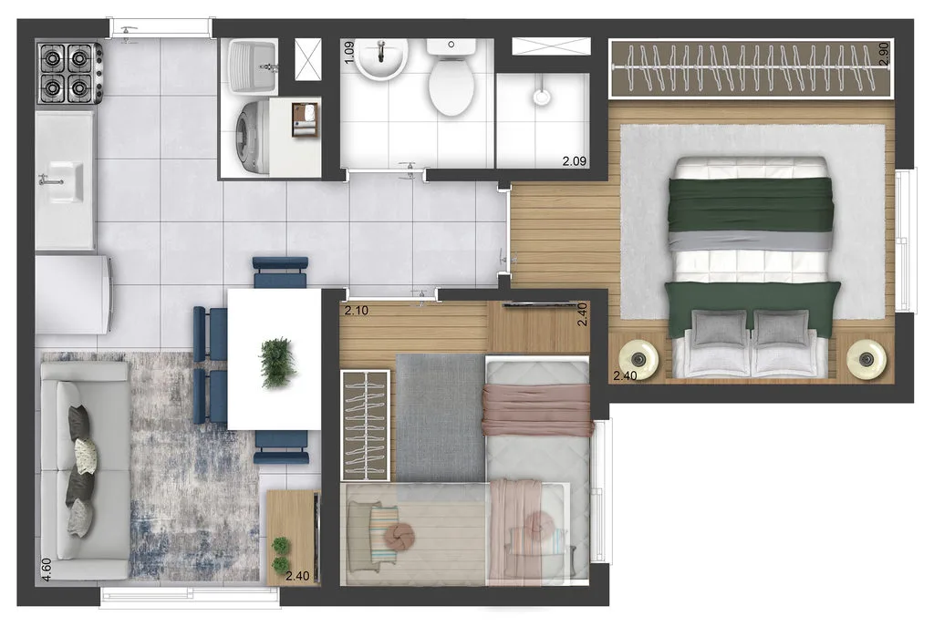 Planta do apartamento de 2 dormitorios de 32,32 m2 do Plano e Bosque do Carmo Pinheiro