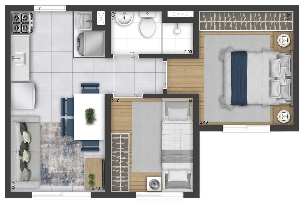 Planta do apartamento de 2 dormitorios de 32,38 m2 do Plano e Bosque do Carmo Pinheiro