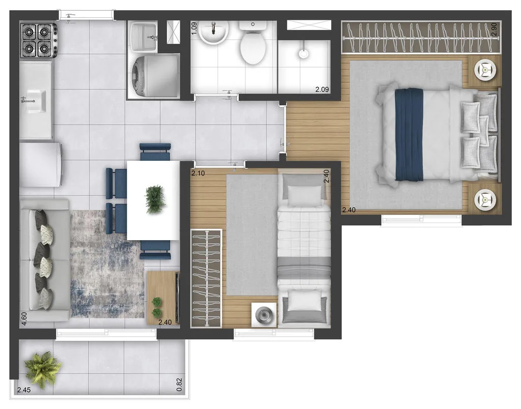 Planta do apartamento de 2 dormitorios de 34,77 m2 do Plano e Bosque do Carmo Pinheiro