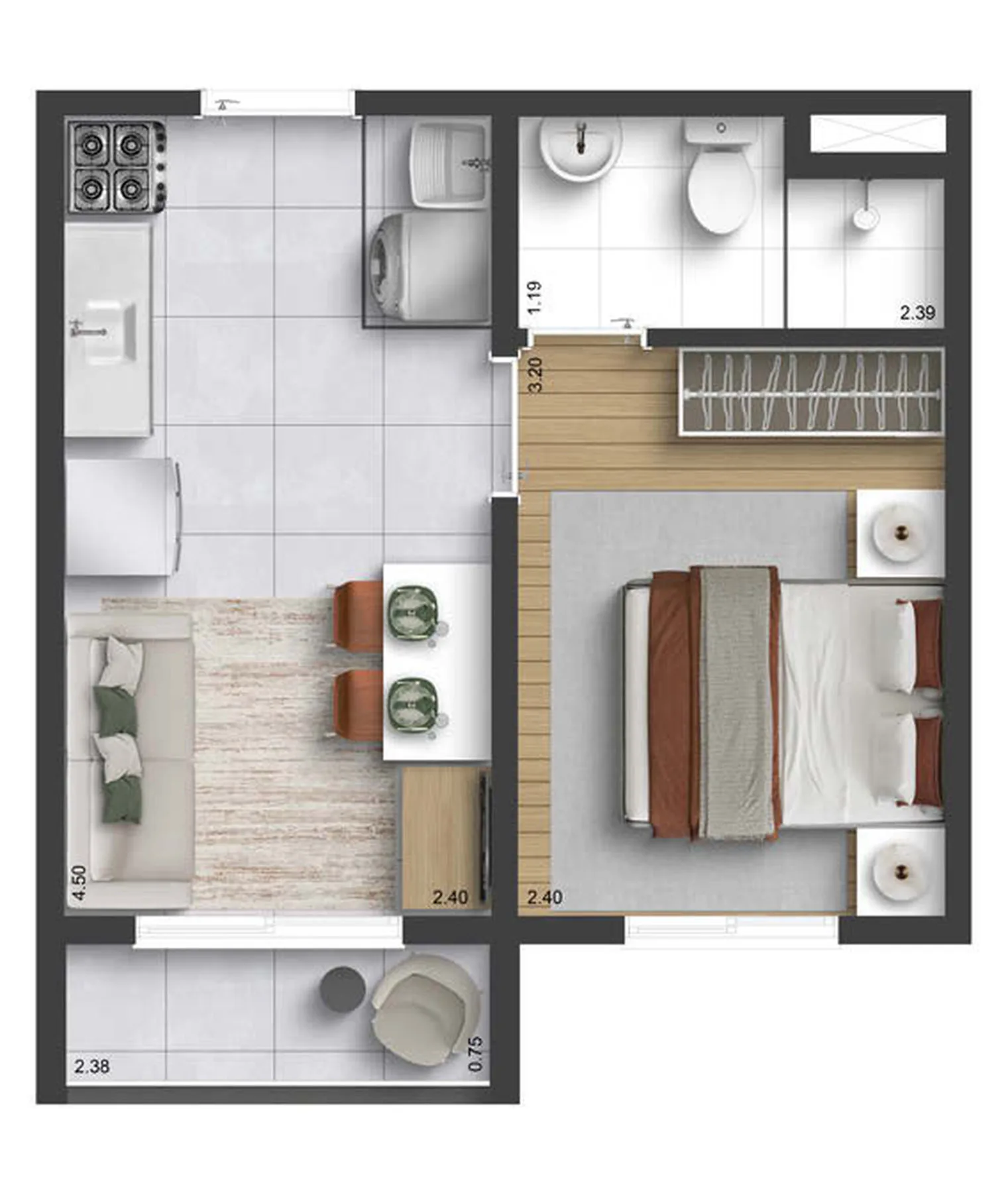 Planta do Plano&Mais Barra Funda Thomas Edison – Fase 1 em Barra Funda — 1 dormitório – 26,72 m²