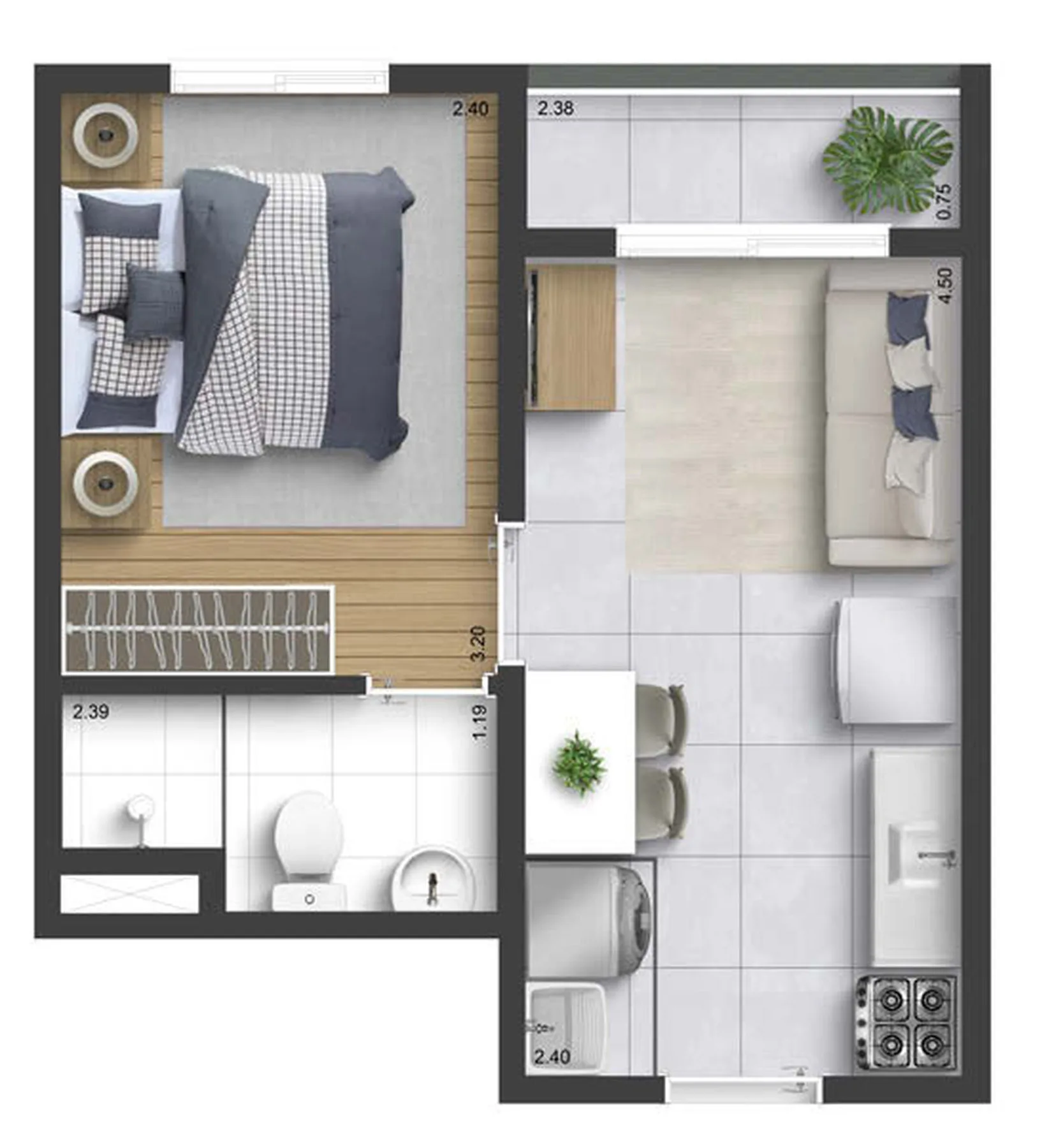 Planta do Plano&Mais Barra Funda Thomas Edison – Fase 1 em Barra Funda — 1 dormitório – 27,04 m²